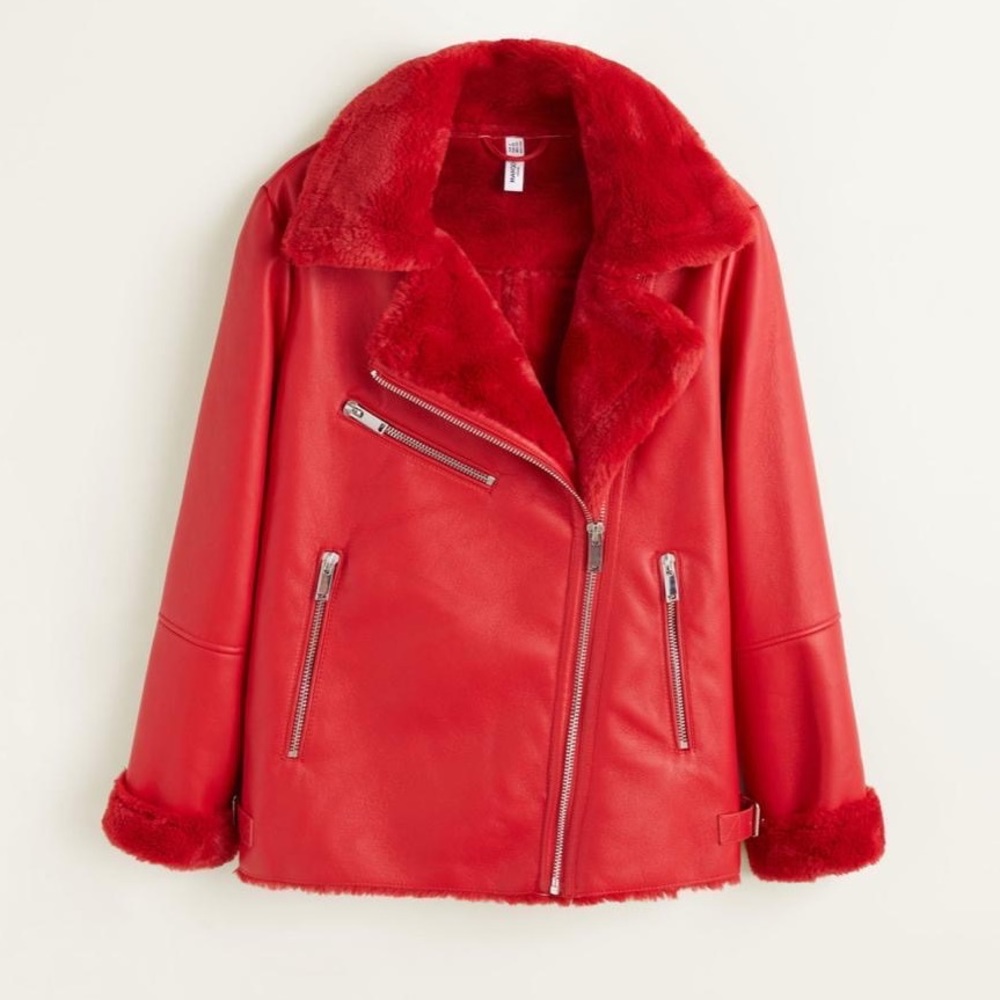 Faux Leather Shearling-lined Biker Jacket